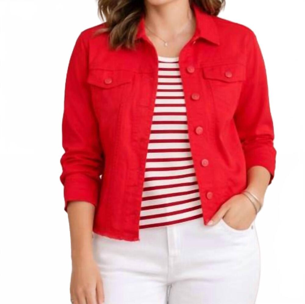 NEW HEART OF PINE stretch jean jacket in rosie red